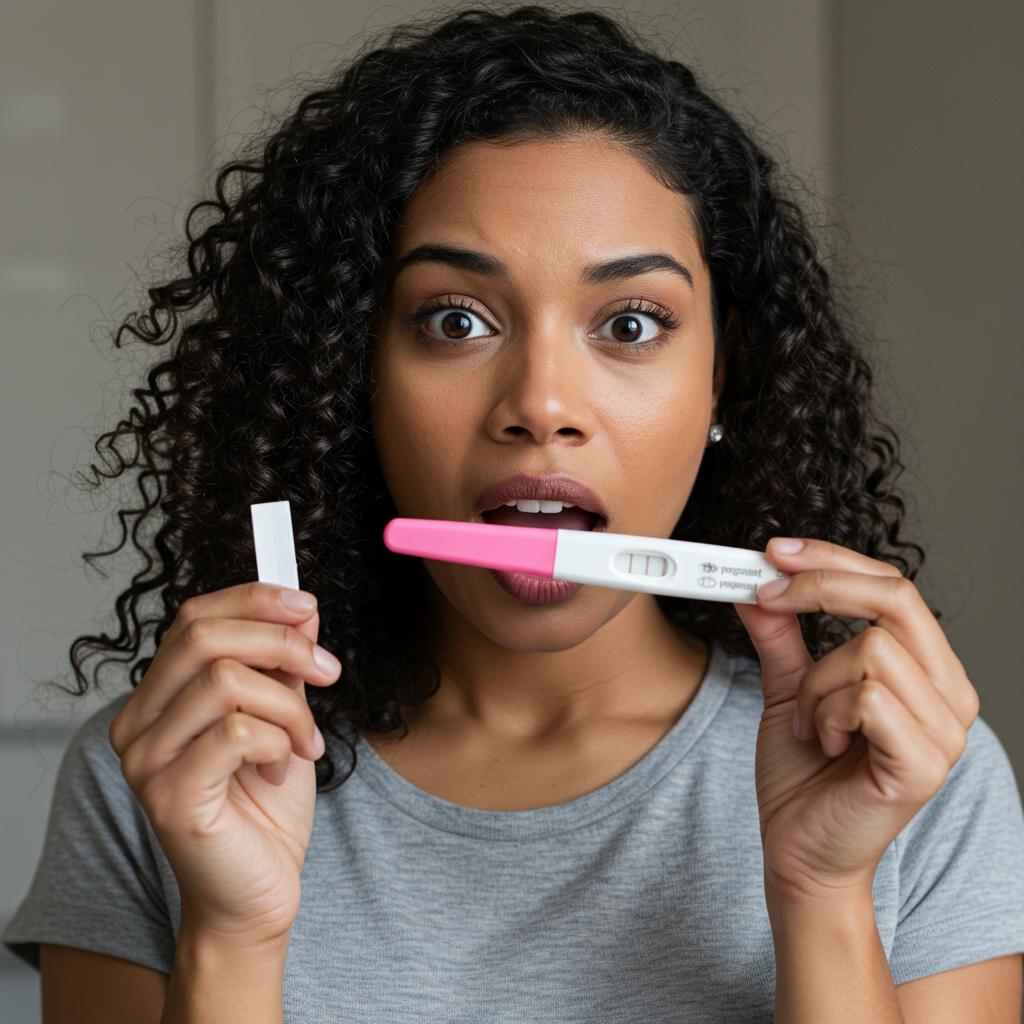 Mulher olhando para teste de gravidez positivo